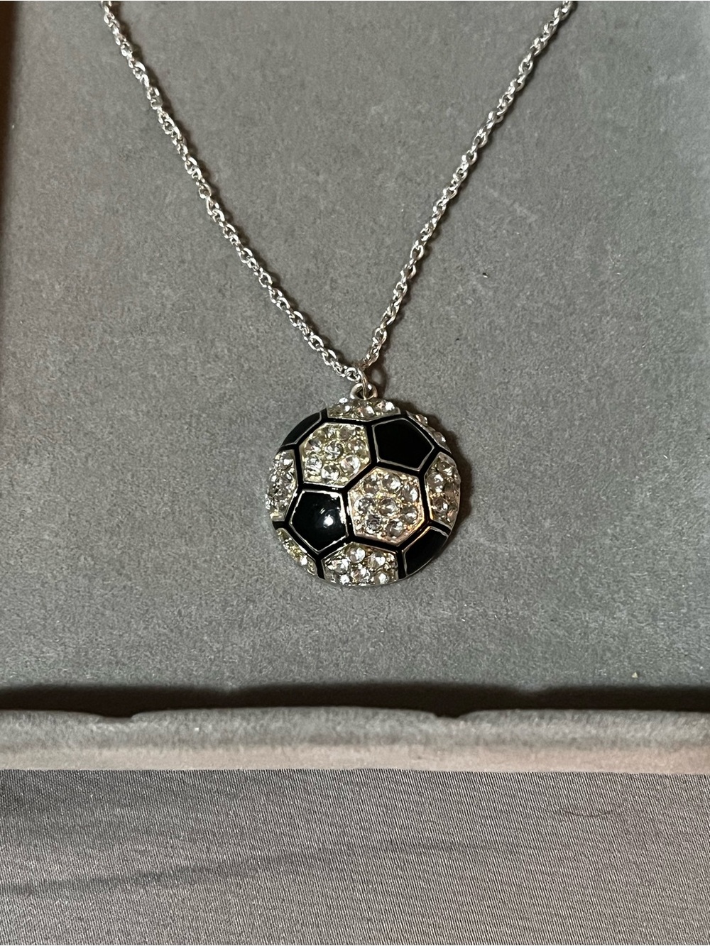 Silver Tone Soccer Ball Pendant Necklace with Black and Clear Accents